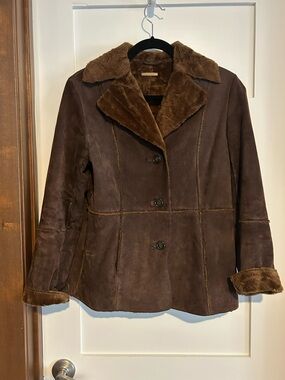 Guess Leather Penny Lane Jacket Coat Genuine Suede Faux Fur Brown Size Medium